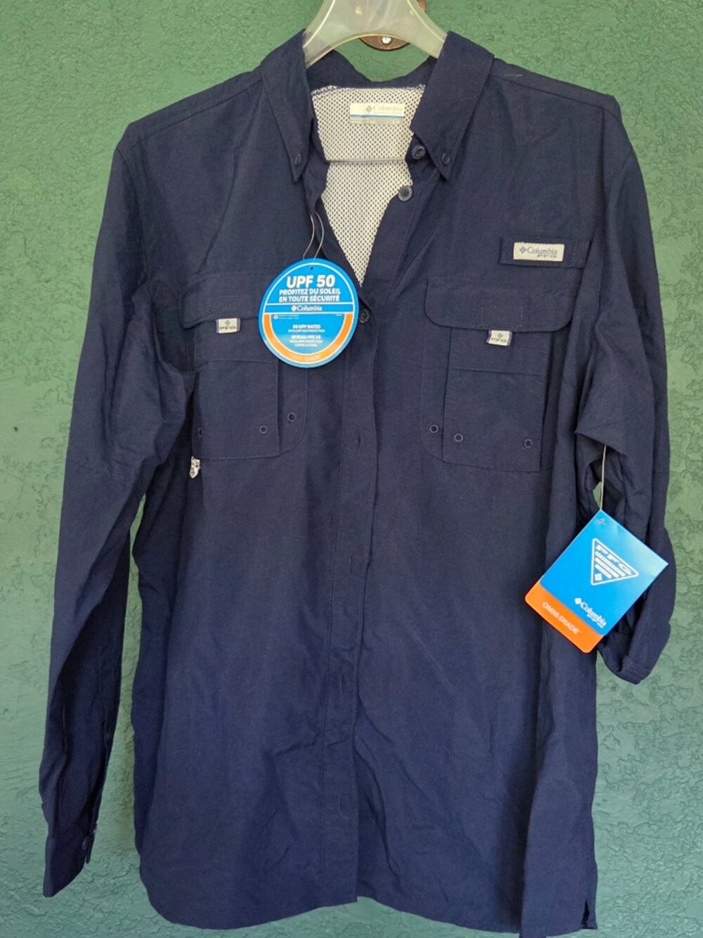 Women's Columbia PFG Bahama II Long Sleeve Fishing Shirt Navy Blue UPF 50 NWT